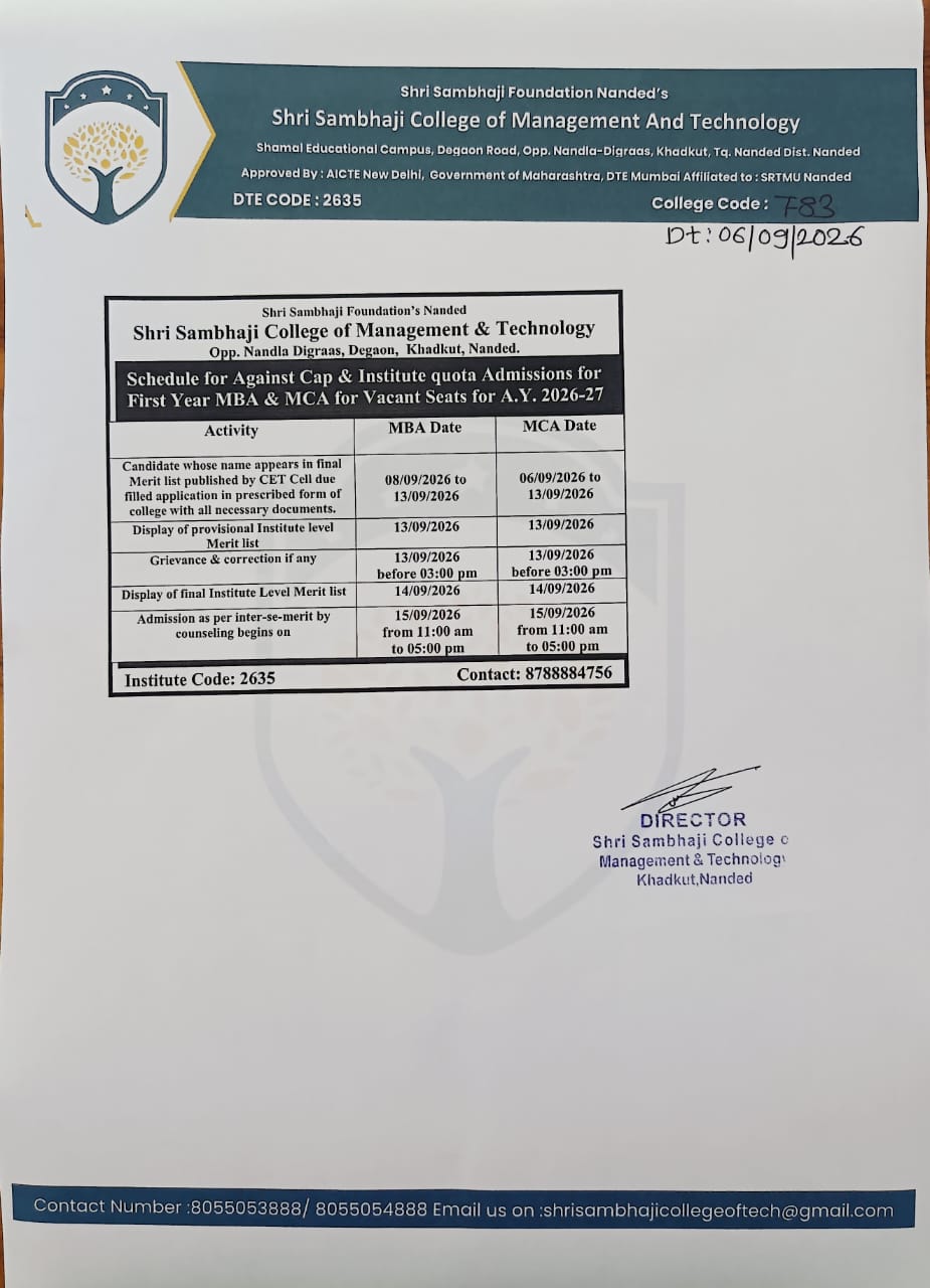 Notice for schedule for  against Cap & Institute quota admission for First year MBA & MCA For vacant seats